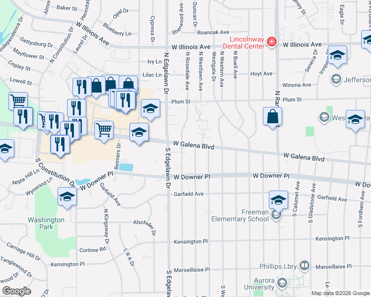 map of restaurants, bars, coffee shops, grocery stores, and more near 20 South Rosedale Avenue in Aurora