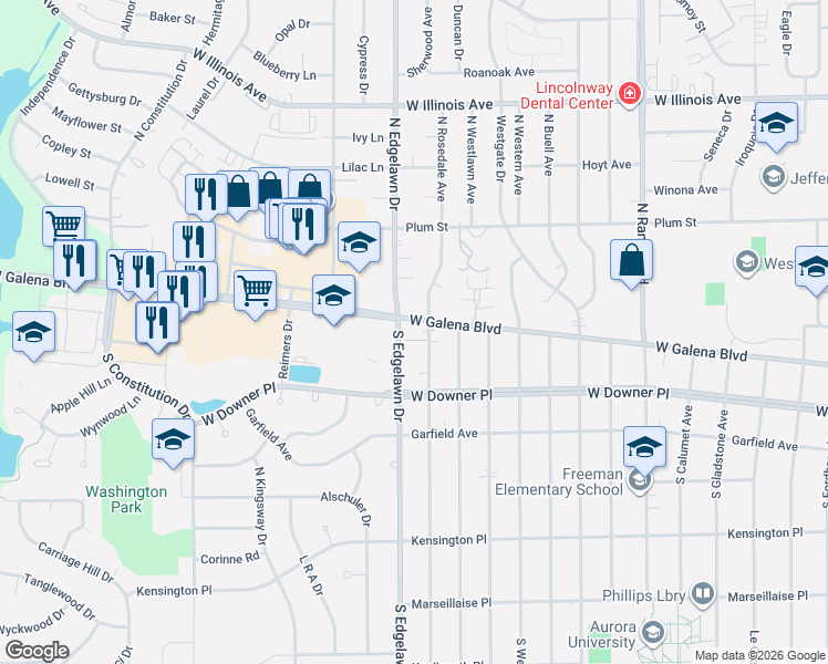 map of restaurants, bars, coffee shops, grocery stores, and more near 24 South Edgelawn Drive in Aurora