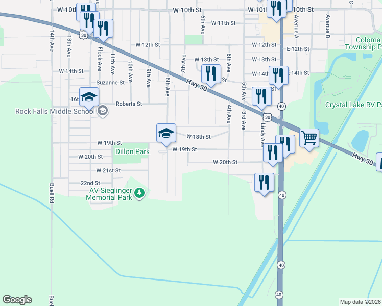 map of restaurants, bars, coffee shops, grocery stores, and more near 604 West 20th Street in Rock Falls