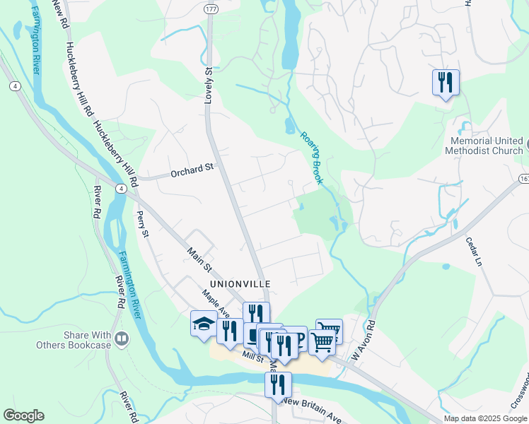 map of restaurants, bars, coffee shops, grocery stores, and more near 161 Lovely Street in Farmington