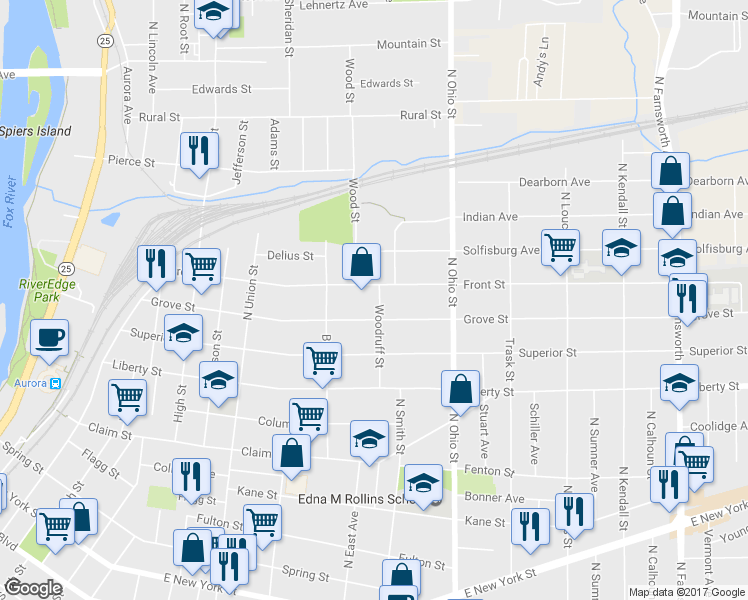 map of restaurants, bars, coffee shops, grocery stores, and more near 414 Woodruff Avenue in Aurora