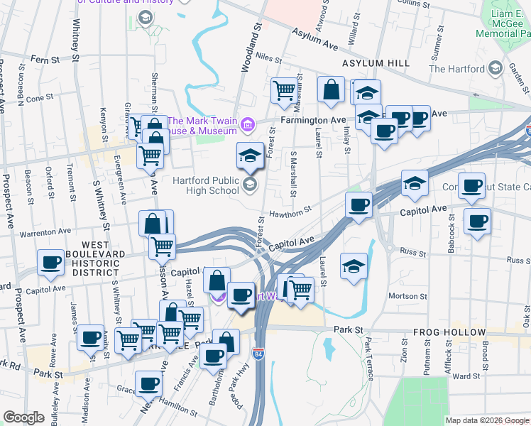 map of restaurants, bars, coffee shops, grocery stores, and more near 140 Hawthorn Street in Hartford