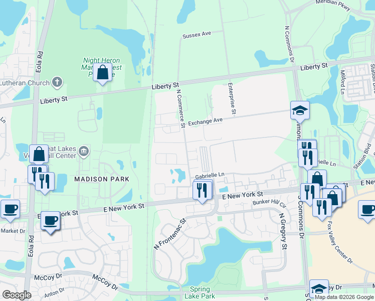 map of restaurants, bars, coffee shops, grocery stores, and more near 437 North Commerce Street in Aurora
