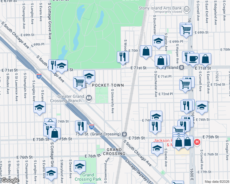 map of restaurants, bars, coffee shops, grocery stores, and more near 7238 South University Avenue in Chicago