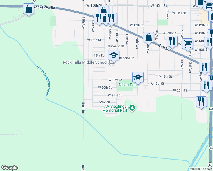 map of restaurants, bars, coffee shops, grocery stores, and more near 1107 West 20th Street in Rock Falls