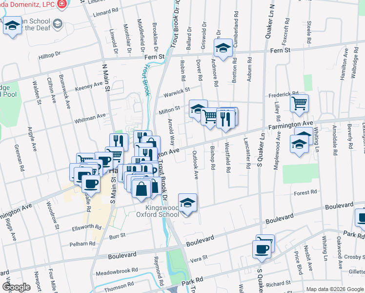 map of restaurants, bars, coffee shops, grocery stores, and more near 893 Farmington Avenue in West Hartford