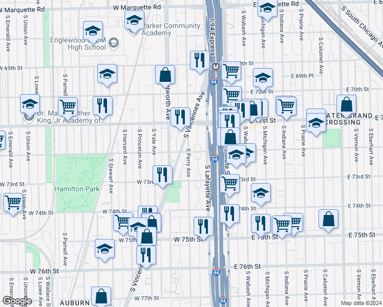 map of restaurants, bars, coffee shops, grocery stores, and more near 7201 South Perry Avenue in Chicago