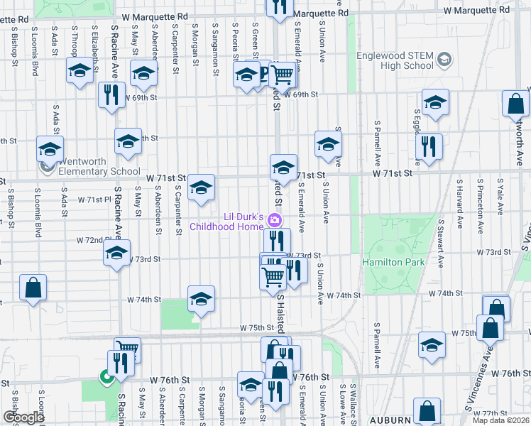 map of restaurants, bars, coffee shops, grocery stores, and more near 7155 South Green Street in Chicago