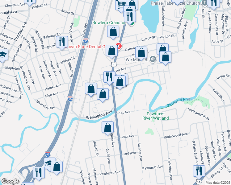 map of restaurants, bars, coffee shops, grocery stores, and more near 1655 U.S. 1 in Cranston