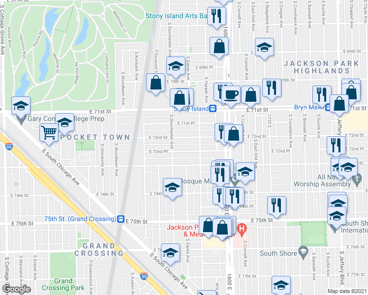 map of restaurants, bars, coffee shops, grocery stores, and more near 1424 East 72nd Place in Chicago