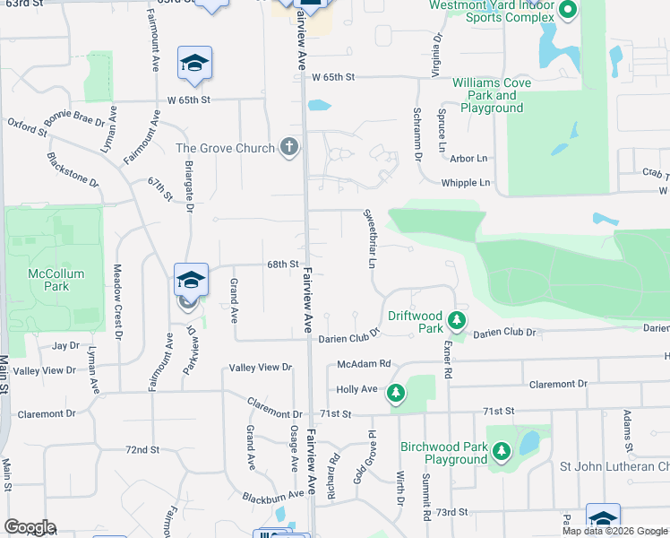 map of restaurants, bars, coffee shops, grocery stores, and more near 6845 Fairview Avenue in Downers Grove