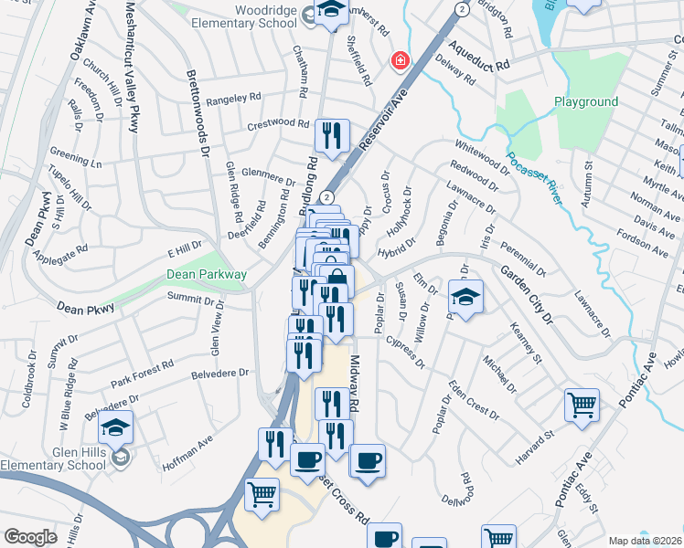 map of restaurants, bars, coffee shops, grocery stores, and more near 24 Midway Road in Cranston