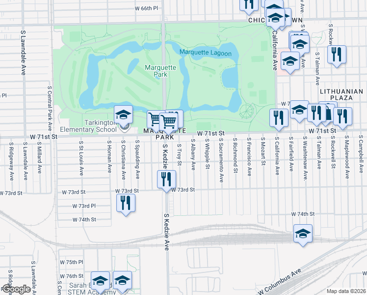 map of restaurants, bars, coffee shops, grocery stores, and more near 7148 South Albany Avenue in Chicago