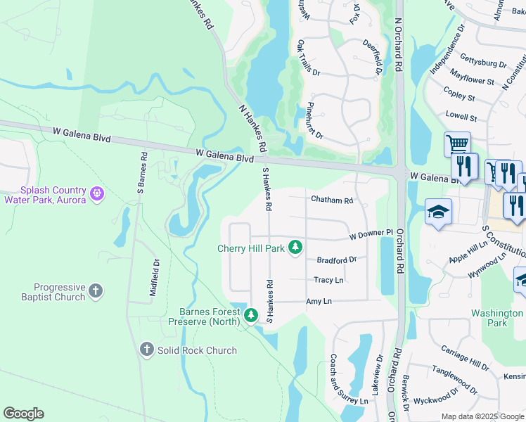 map of restaurants, bars, coffee shops, grocery stores, and more near 21 Raven Drive in Aurora