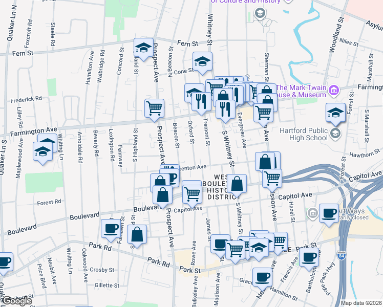 map of restaurants, bars, coffee shops, grocery stores, and more near 158 Beacon Street in Hartford