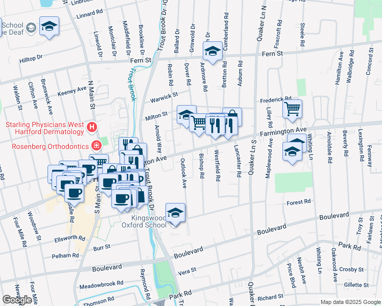 map of restaurants, bars, coffee shops, grocery stores, and more near 19 Outlook Avenue in West Hartford