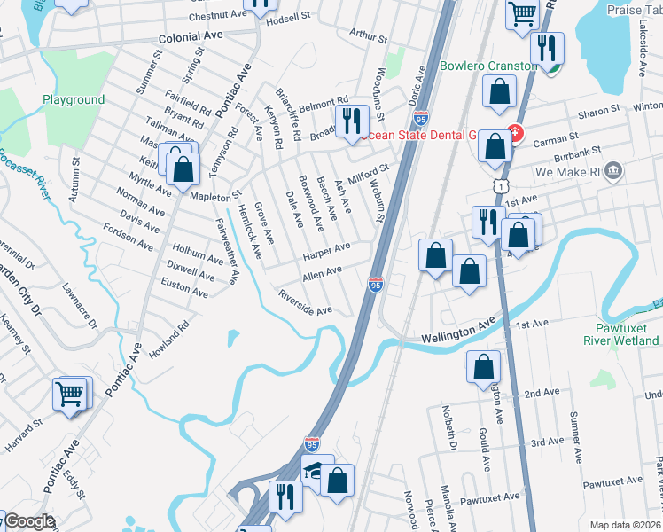 map of restaurants, bars, coffee shops, grocery stores, and more near 9 Reed Avenue in Cranston