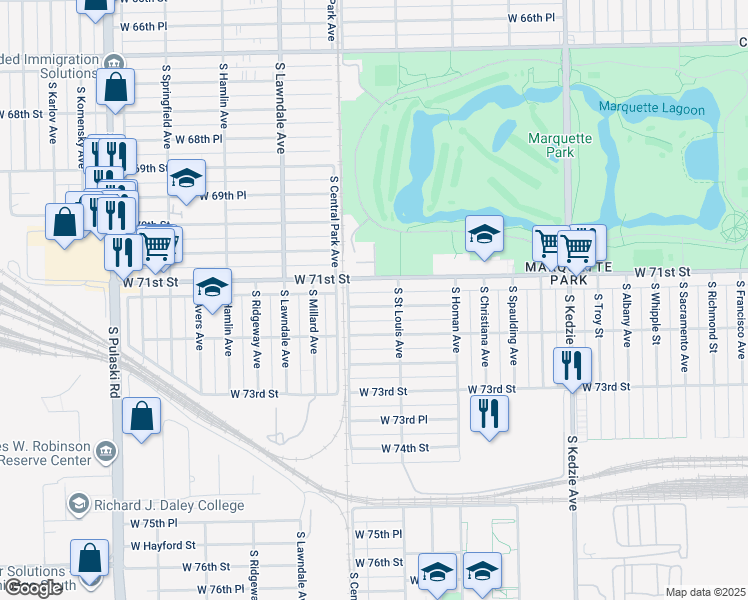 map of restaurants, bars, coffee shops, grocery stores, and more near 3524 West 71st Place in Chicago