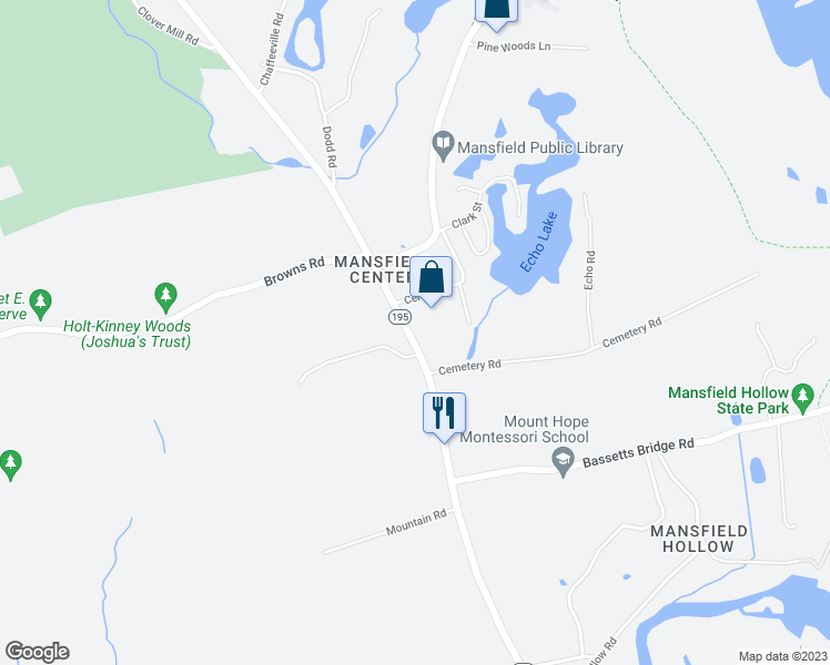 map of restaurants, bars, coffee shops, grocery stores, and more near 518 Storrs Road in Mansfield