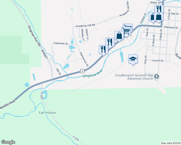 map of restaurants, bars, coffee shops, grocery stores, and more near 104-106 T-311 in Coudersport