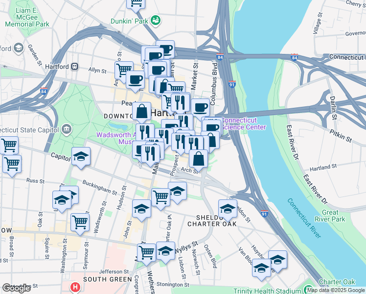 map of restaurants, bars, coffee shops, grocery stores, and more near 34 Prospect Street in Hartford