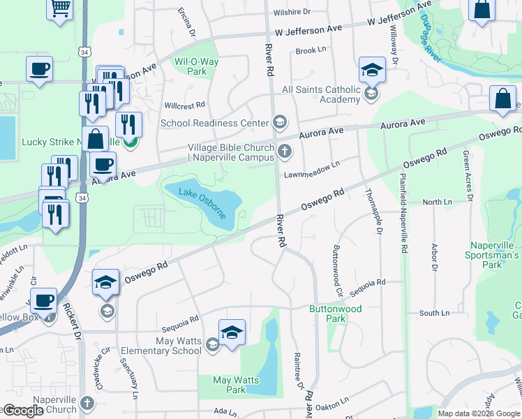 map of restaurants, bars, coffee shops, grocery stores, and more near 1309 Oswego Road in Naperville
