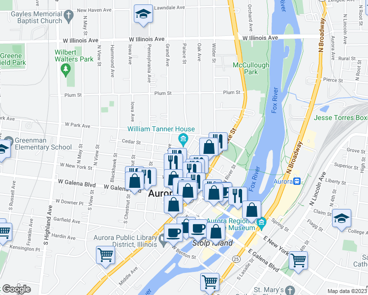 map of restaurants, bars, coffee shops, grocery stores, and more near 304 Oak Avenue in Aurora