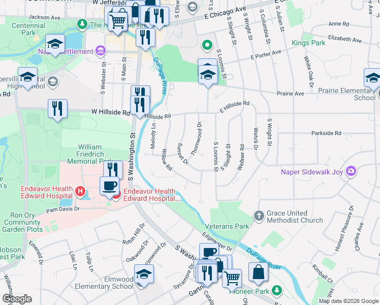 map of restaurants, bars, coffee shops, grocery stores, and more near 707 Thornwood Drive in Naperville