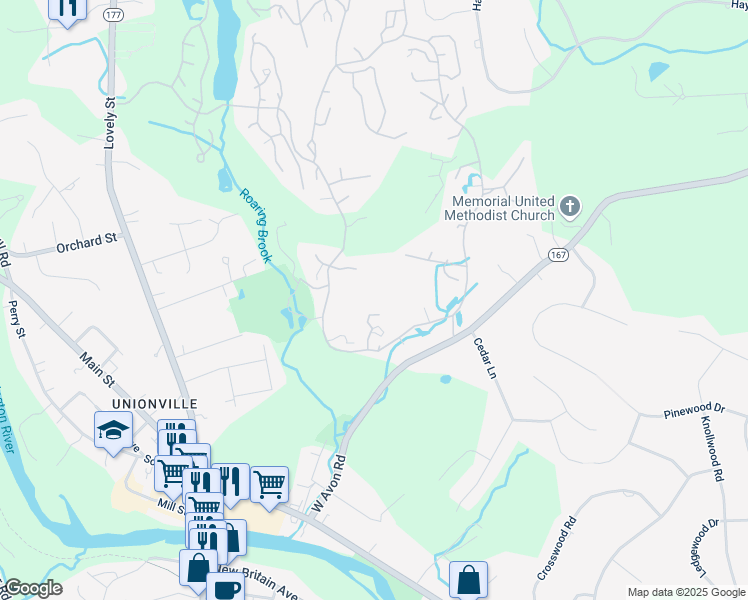map of restaurants, bars, coffee shops, grocery stores, and more near 30 Great Meadow Lane in Avon