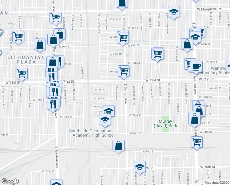 map of restaurants, bars, coffee shops, grocery stores, and more near 7140 South Seeley Avenue in Chicago