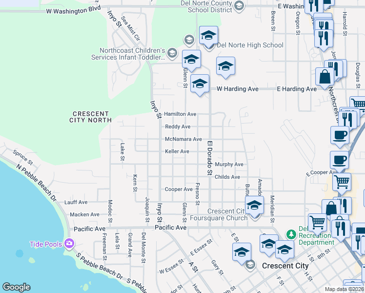 map of restaurants, bars, coffee shops, grocery stores, and more near 849 Keller Avenue in Crescent City