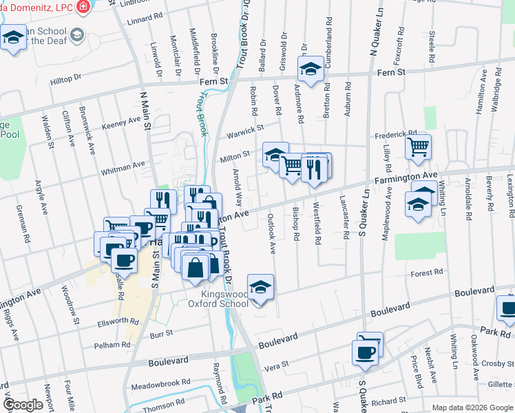 map of restaurants, bars, coffee shops, grocery stores, and more near 893 Farmington Avenue in West Hartford