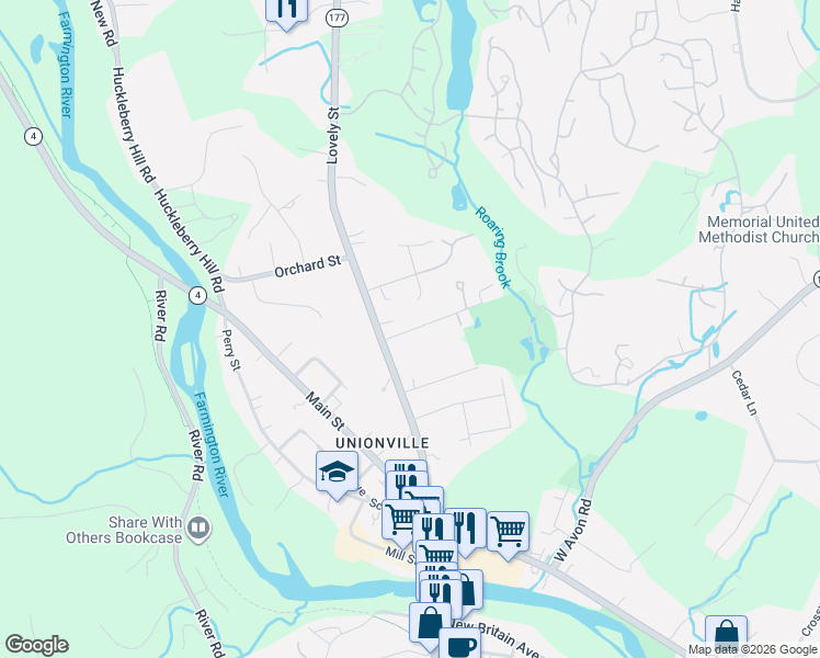 map of restaurants, bars, coffee shops, grocery stores, and more near 161 Lovely Street in Farmington