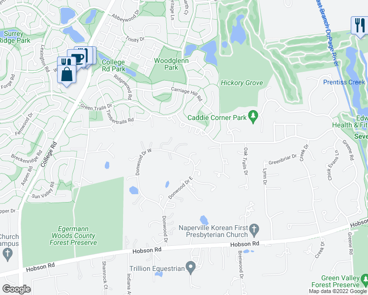map of restaurants, bars, coffee shops, grocery stores, and more near 7S441 Donwood Drive East in Naperville
