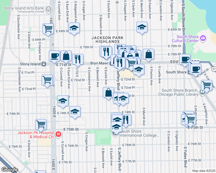 map of restaurants, bars, coffee shops, grocery stores, and more near 7223 South Euclid Avenue in Chicago