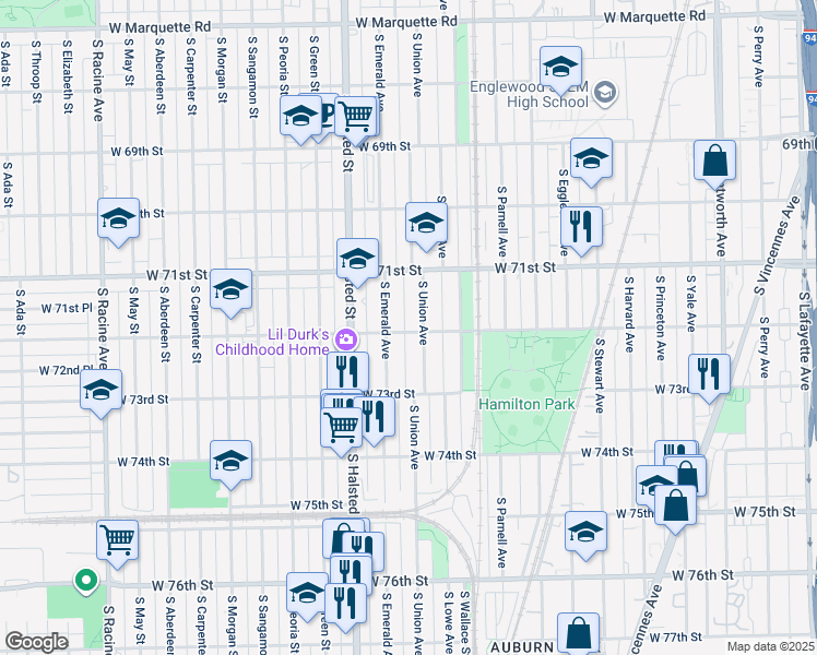 map of restaurants, bars, coffee shops, grocery stores, and more near 714 West 72nd Street in Chicago