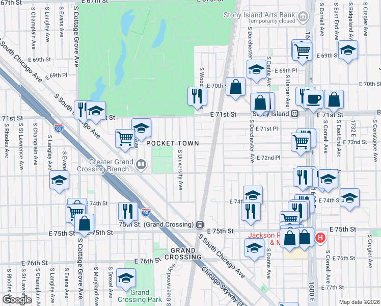 map of restaurants, bars, coffee shops, grocery stores, and more near 7241 South Woodlawn Avenue in Chicago