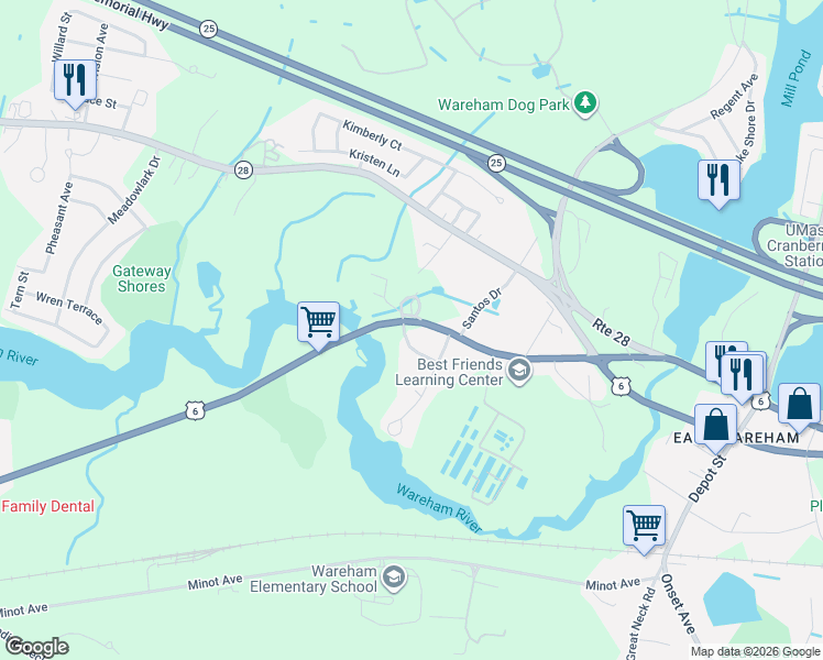 map of restaurants, bars, coffee shops, grocery stores, and more near 12 Ladd Avenue in Wareham
