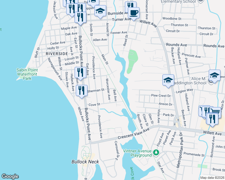 map of restaurants, bars, coffee shops, grocery stores, and more near 147 Bell Avenue in East Providence