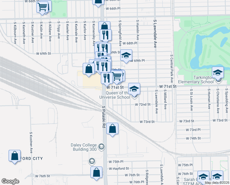 map of restaurants, bars, coffee shops, grocery stores, and more near 7134 South Harding Avenue in Chicago