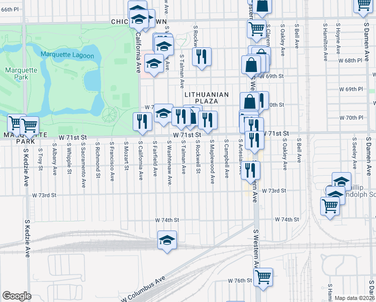 map of restaurants, bars, coffee shops, grocery stores, and more near 7154 South Rockwell Street in Chicago