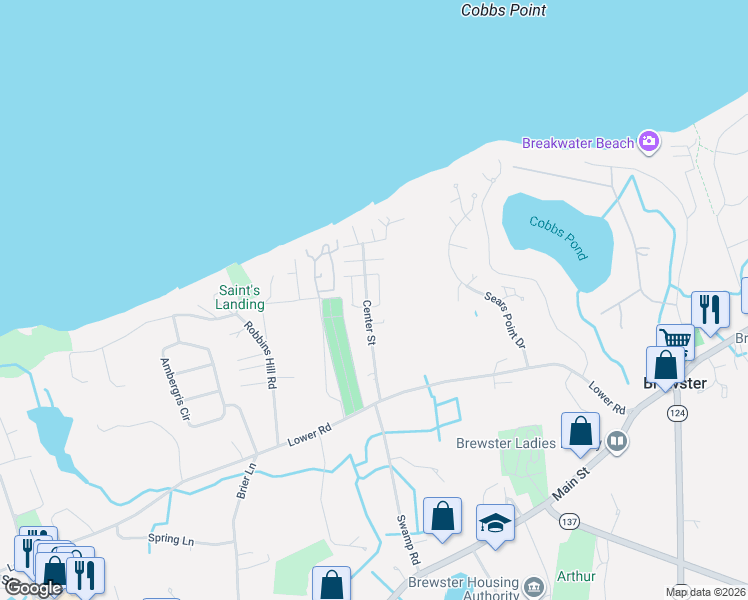 map of restaurants, bars, coffee shops, grocery stores, and more near 93 Center Street in Brewster