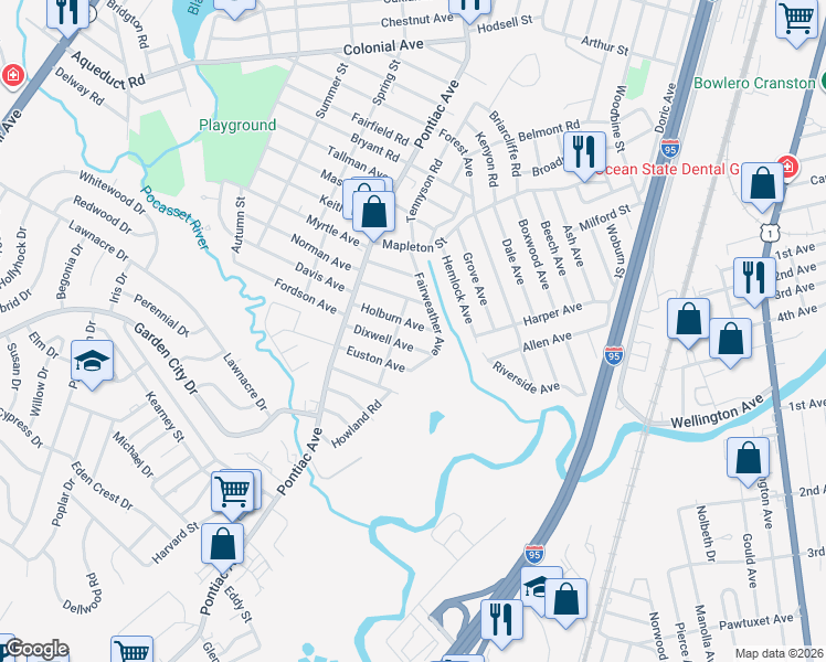 map of restaurants, bars, coffee shops, grocery stores, and more near 77 Dixwell Avenue in Cranston