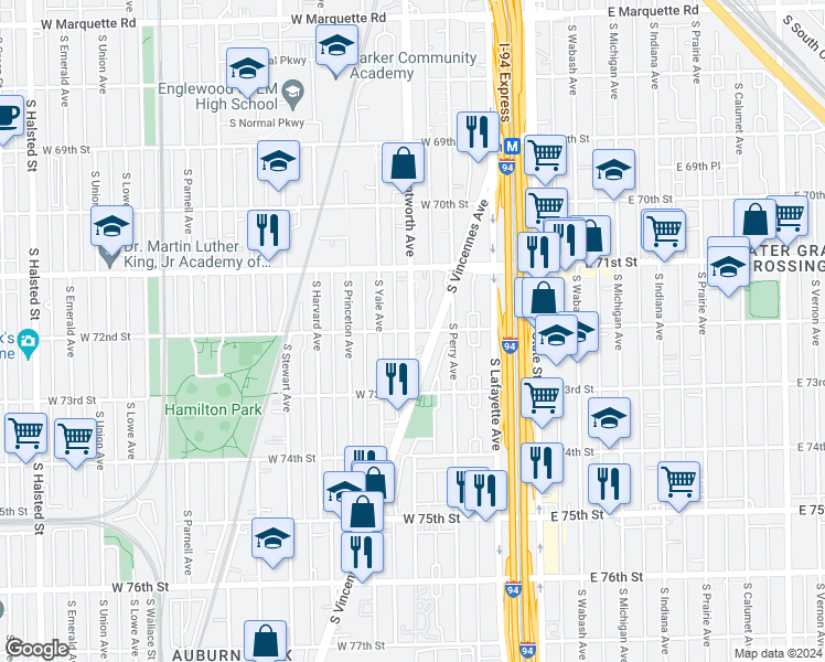 map of restaurants, bars, coffee shops, grocery stores, and more near S Wentworth Ave & W 72nd St in Chicago
