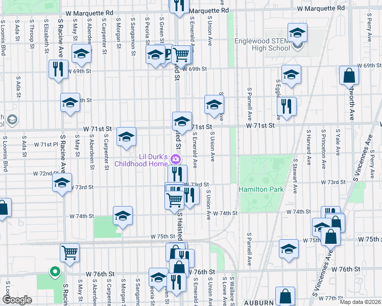 map of restaurants, bars, coffee shops, grocery stores, and more near 7152 South Emerald Avenue in Chicago