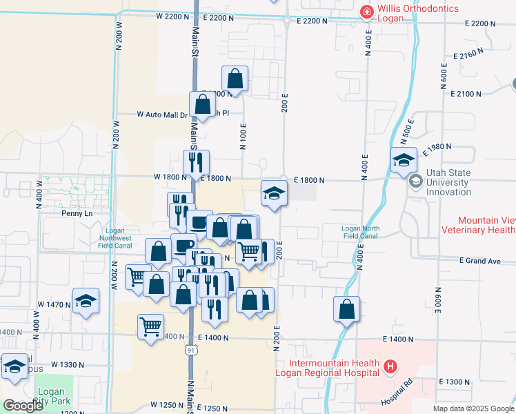 map of restaurants, bars, coffee shops, grocery stores, and more near 1721 North 200 East in North Logan