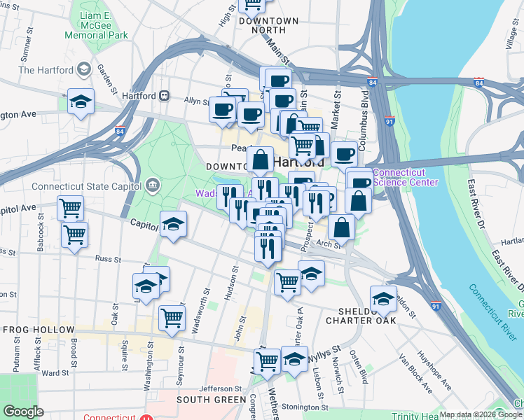 map of restaurants, bars, coffee shops, grocery stores, and more near 100 Wells Street in Hartford