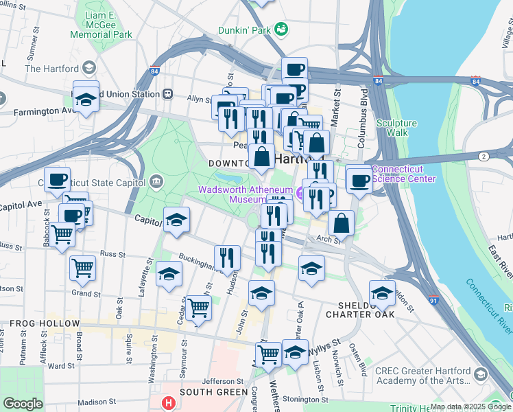 map of restaurants, bars, coffee shops, grocery stores, and more near 55 Elm Street in Hartford