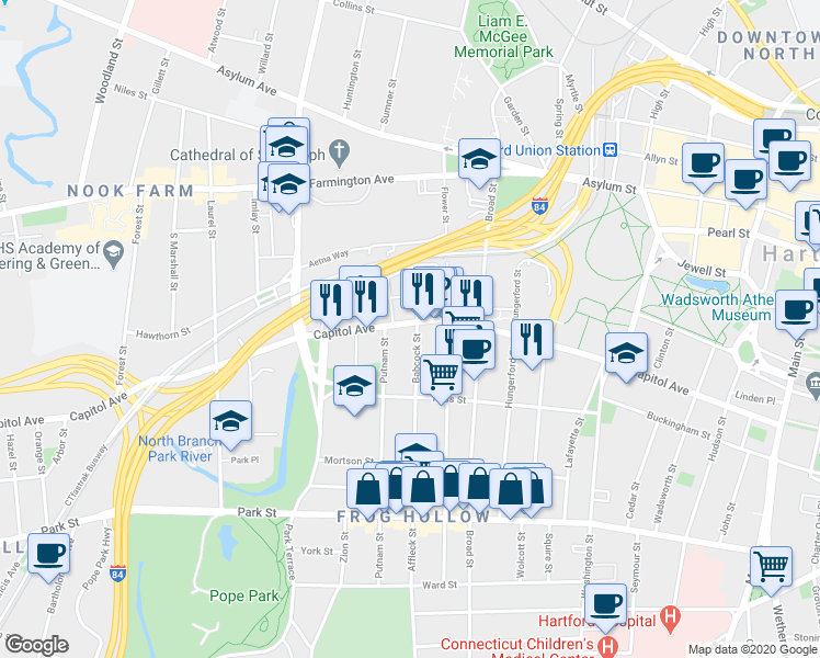 map of restaurants, bars, coffee shops, grocery stores, and more near 250 Putnam Street in Hartford