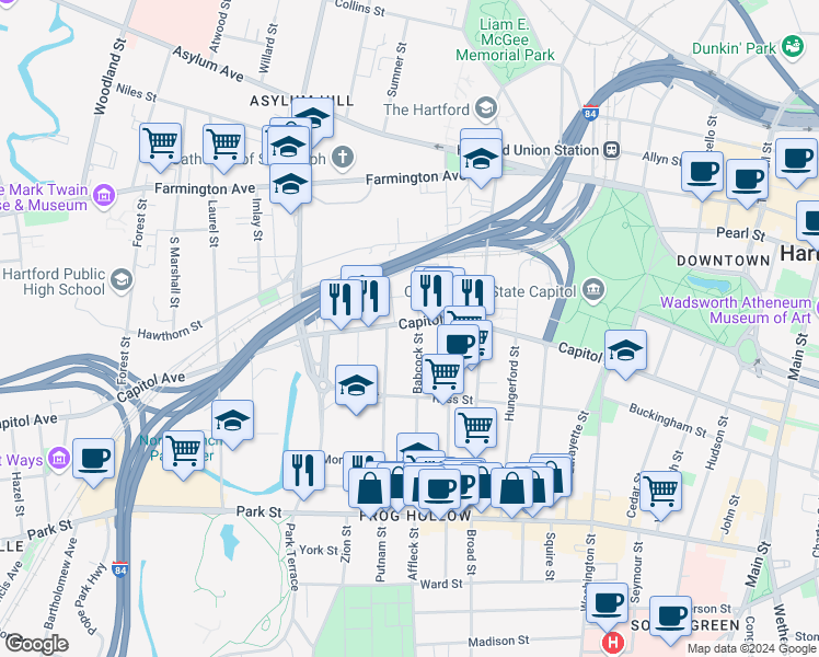 map of restaurants, bars, coffee shops, grocery stores, and more near 250 Putnam Street in Hartford
